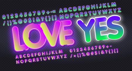 LOVE YES, English alphabet and numbers neon signs collection. Neon sign, night bright advertisement, colorful signboard, light banner. Vector illustration in neon style.のイラスト素材
