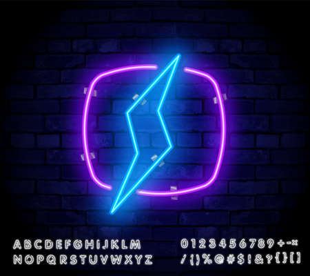 Neon sign of lightning signboard on the blue background. Vector illustrationのイラスト素材