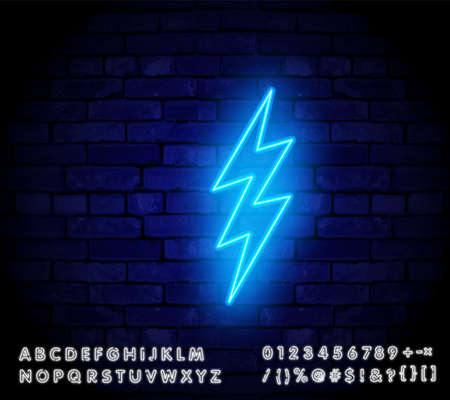 Neon sign of lightning signboard on the blue background. Vector illustrationのイラスト素材
