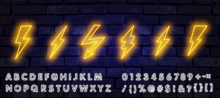 Big Neon set of lightning bolt. Glowing electric flash sign, thunderbolt electricity power icons. Vector lightning set on black backgroundのイラスト素材