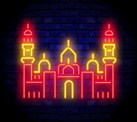 Arab mosque, the Cathedral of Muslims in neon style. Islam, religion design. Night bright neon sign, colorful billboard, light banner. Vector illustration in neon style.のイラスト素材