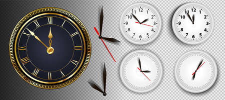 Realistic Wall Clocks Set Vector Illustration. Transparent Face. Black Hands.のイラスト素材