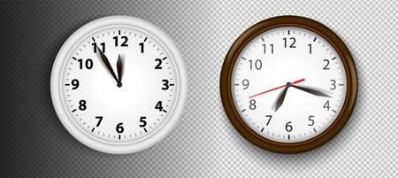 Realistic Wall Clocks Set Vector Illustration. Transparent Face. Black Hands.のイラスト素材