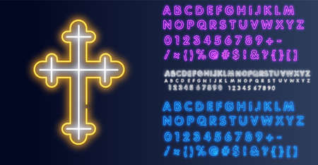 Church cross neon sign. Glowing symbol of the crucifixion. neon icon Church cross. Vector illustrationのイラスト素材
