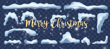 Creative vector illustration of ice icicle, caps, snowflakes set isolated on background. Winter snow clouds template art design.のイラスト素材