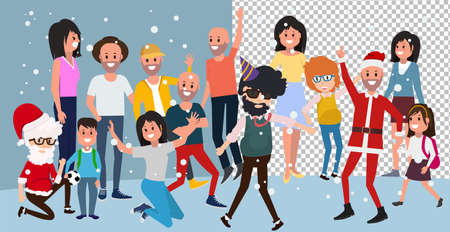 Happy Christmas Day Celebrating together happy. Group of cartoon young people in Santa hats. Happy people celebrate an important event. Joyful emotions. Vector illustration in cartoon styleのイラスト素材