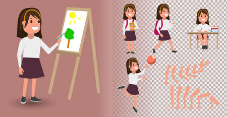 Flat Vector Girl Student character for your scenes. Character creation set with various views, face emotions, lip sync and poses. Parts of body template for design work and animation.のイラスト素材