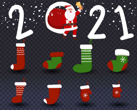 Christmas stocking set isolated on transparent background. Holiday Santa Claus winter socks for gifts. Cartoon decorated present sock. Vector illustrationのイラスト素材
