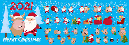 Christmas or New year tree. Cute ox, cow, bull. 2021 Winter background with cow. Year of the bull 2021. New year illustration.のイラスト素材