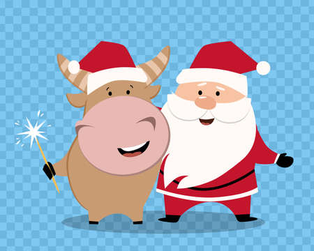 Cartoon happy new year 2021 bull. Vector of cute ox santa. Merry Christmas illustration.のイラスト素材