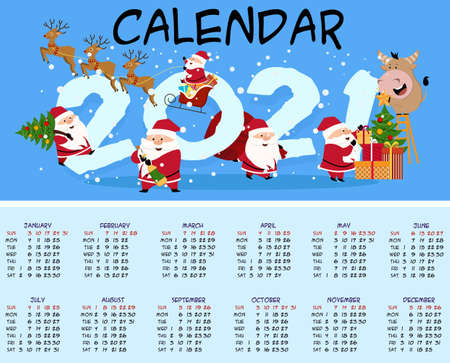 Calendar for the Year of the Bull 2021. little cute bulls will decorate your wall and delight you のイラスト素材