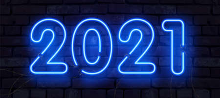 2021 Happy New Year Neon banner. Realistic bright neon billboard on brick wall. Concept of holiday card with glowing text. Vector illustration.のイラスト素材