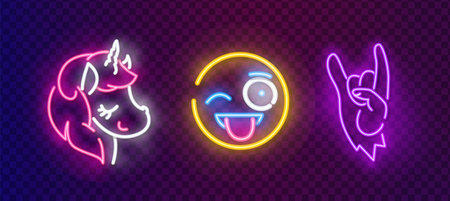 Pop art icons set. Pop art neon sign. Bright signboard, light banner. Neon isolated icon, emblem.のイラスト素材
