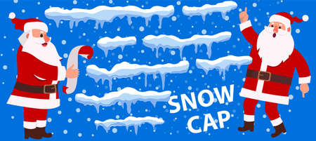 Snow caps, snowballs and snowdrifts set. Two Santa Claus in different poses in cartoon style. Winter decoration element. Vector illustrationのイラスト素材