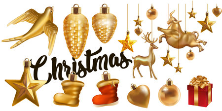 Christmas Golden hanging toy set. Realistic gold glittering stars, cones, bull, bird, deer, boot, ball, heart . Traditional festive Christmas eve New year celebration decoration design symbol vector.のイラスト素材