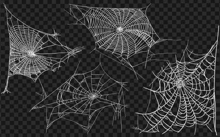 Set of different spiderwebs isolated on black, easy to print. Halloween set with web. Vector Illustration.のイラスト素材
