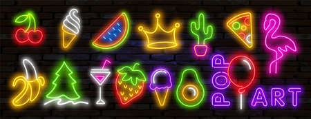 Pop art icons set. Pop art neon sign. Bright signboard, light banner. Set of neon stickers, pins, patches in 80s-90s neon style.のイラスト素材