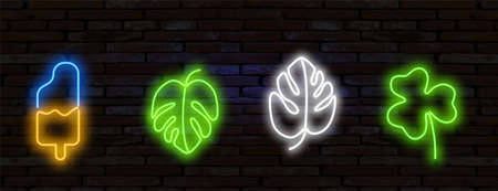 Pop art icons set. Pop art neon sign. Bright signboard, light banner. Set of neon stickers, pins, patches in 80s-90s neon style.のイラスト素材