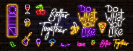 Neon illustration of title sign different sizes. Neon OPEN sign, neon text do what you like, better together. Pop art light modern iconsのイラスト素材