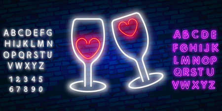 Two neon glasses with hearts. Glowing neon sign of champagne. Night illuminated brick wall. Champagne glasses clang.のイラスト素材