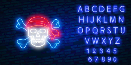 Pirate head in bandana and eye patch neon sign. Pirates, evil and warning design. Night bright neon sign, colorful billboard, light banner. Vector illustration in neon style.のイラスト素材