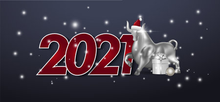 Happy 2021 new year greetig card in paper style for your seasonal holidays flyers, christmas themed congratulations, leaflets and banners. Ox year. Vector illustration.の写真素材
