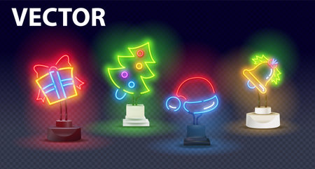 Big set neon logo, label, emblem on a stand. Bright sign, light banner. Happy New Year and Merry Christmas. Neon sign, bright signboard, light banner.のイラスト素材