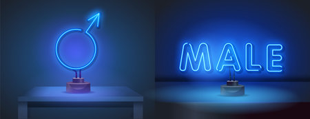 Gender symbol male. Neon glowing icon. Vector illustration. Modern vector logo, banner, poster of gender symbols. Night advertising on the background of a brick wall. Vector.のイラスト素材