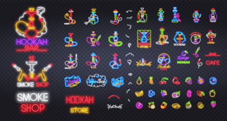 Big set of Hookah bar neon sign, bright signboard, light banner. Neon light Hookah , emblem. Vector illustrationのイラスト素材