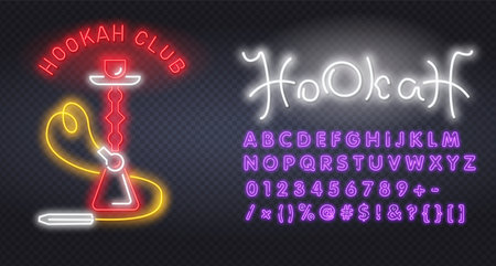 Hookah bar neon sign, bright signboard, light banner. Hookah , emblem and label. Neon text editのイラスト素材