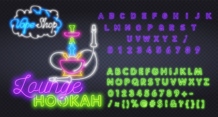 Neon hookah sing with alphabet. Hookah bar neon sign, bright signboard, light banner. Hookah , emblem. Vector illustrationのイラスト素材