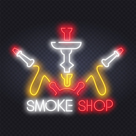 Hookah lounge, smoke shop in neon sign. Hookah with smoking hose on brick wall background. Vector illustration in neon style for oriental restaurant and clubのイラスト素材