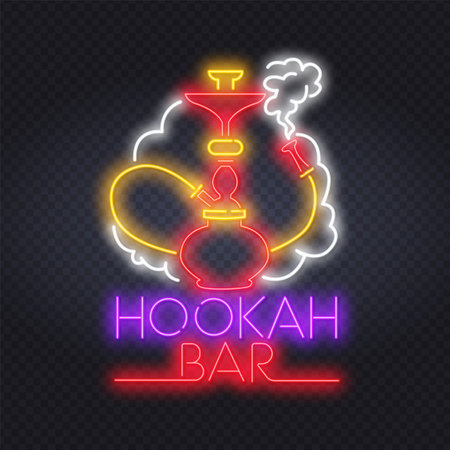 Hookah lounge, smoke shop in neon sign. Hookah with smoking hose on brick wall background. Vector illustration in neon style for oriental restaurant and clubのイラスト素材