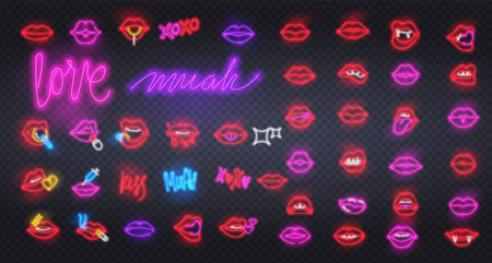 Vector set of realistic isolated neon erotic lips sign for decoration and covering on the wall background.のイラスト素材