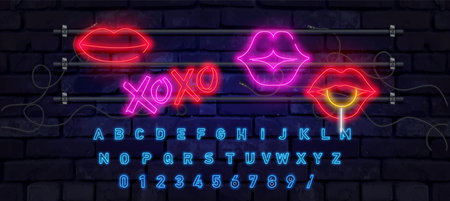 Vector set of realistic isolated neon erotic lips sign for decoration and covering on the wall background.のイラスト素材