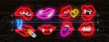 Vector set of realistic isolated neon erotic lips sign for decoration and covering on the wall background.のイラスト素材