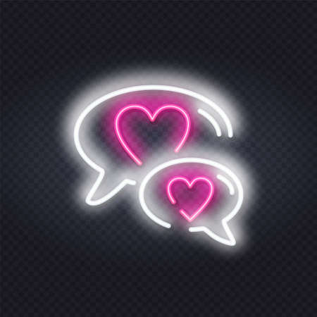 Heart neon sign. Neon like in speech bubble on brick wall. Neon icon of love chat messages isolated on background. White sms with pink heart. Love conversationのイラスト素材