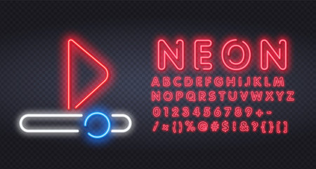 Play neon sign with alphabet. Red play button on brick wall background. Vector illustration in neon style for video content and footagesのイラスト素材
