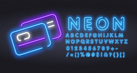 Plastic credit cards neon light icon. Purchase goods online. Pay without cash. Credit bank accout. Open deposit. Glowing sign with alphabet, numbers and symbols. Vector isolated illustrationのイラスト素材