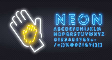Two neon hands. Applause neon icon. Clapping hands on brick wall background. Show concept. Vector illustration can be used for neon signs, advertising, stand up show, concertのイラスト素材