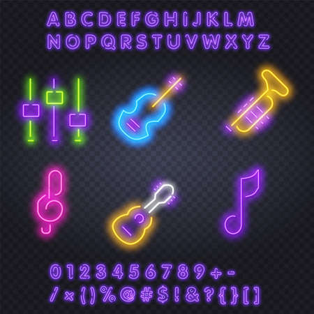 Neon music icons Vector Graphic Bright. Karaoke Bar Neon Banner Design. Vector Illustration of Music Promotion.のイラスト素材