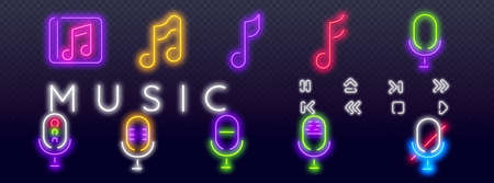 Entertainment icons round shape vector illustration. Neon colors silhouettes. Music notes and treble clef neon signs set. Melody, classical music, sound design.のイラスト素材