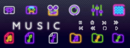 Entertainment icons round shape vector illustration. Neon colors silhouettes. Music notes and treble clef neon signs set. Melody, classical music, sound design.のイラスト素材