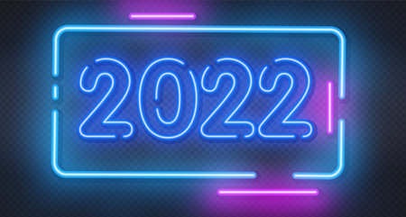 2022 New Year glowing blue neon signboard on brick wall. Vector illustration Happy New Year neon...