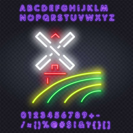 Neon icon wind mill. Bakery shop and pastry concept. Advertisement design. Night bright neon sign, colorful billboard, light banner. Vector illustration in neon style.のイラスト素材