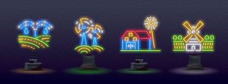 agriculture neon icons. farms, fields, forests, mountain roads and village houses neon icons for promotionsのイラスト素材