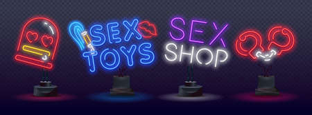 Sex Toys Neon Icons. Vector Illustration of Adult Shop Promotion. Adult Tools neon sign, bright signboard, light banner. Sex tool neon, emblem. Vector illustrationのイラスト素材