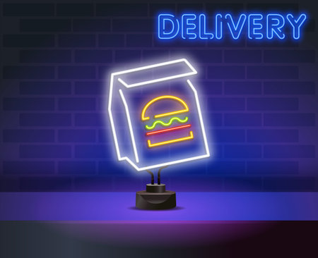 Neon Burger in a bag delivery logo in neon style. Neon sign, light banner, design template, night neon advertising food delivery. Vector illustration. Billboardのイラスト素材