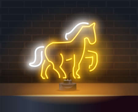 Yellow horse neon sign. Yellow light animal on dark blue brick wall. Night bright advertisement. Vector illustration in neon style for amusement park and leisureのイラスト素材