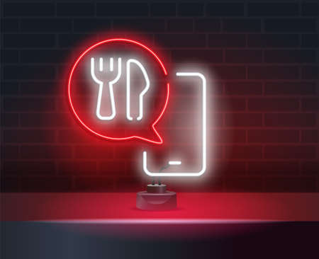 Food Delivery neon sign. Smartphone, ordering food through smartphone, symbol in neon style, light banner, bright night neon advertising food delivery. Vector illustrationのイラスト素材